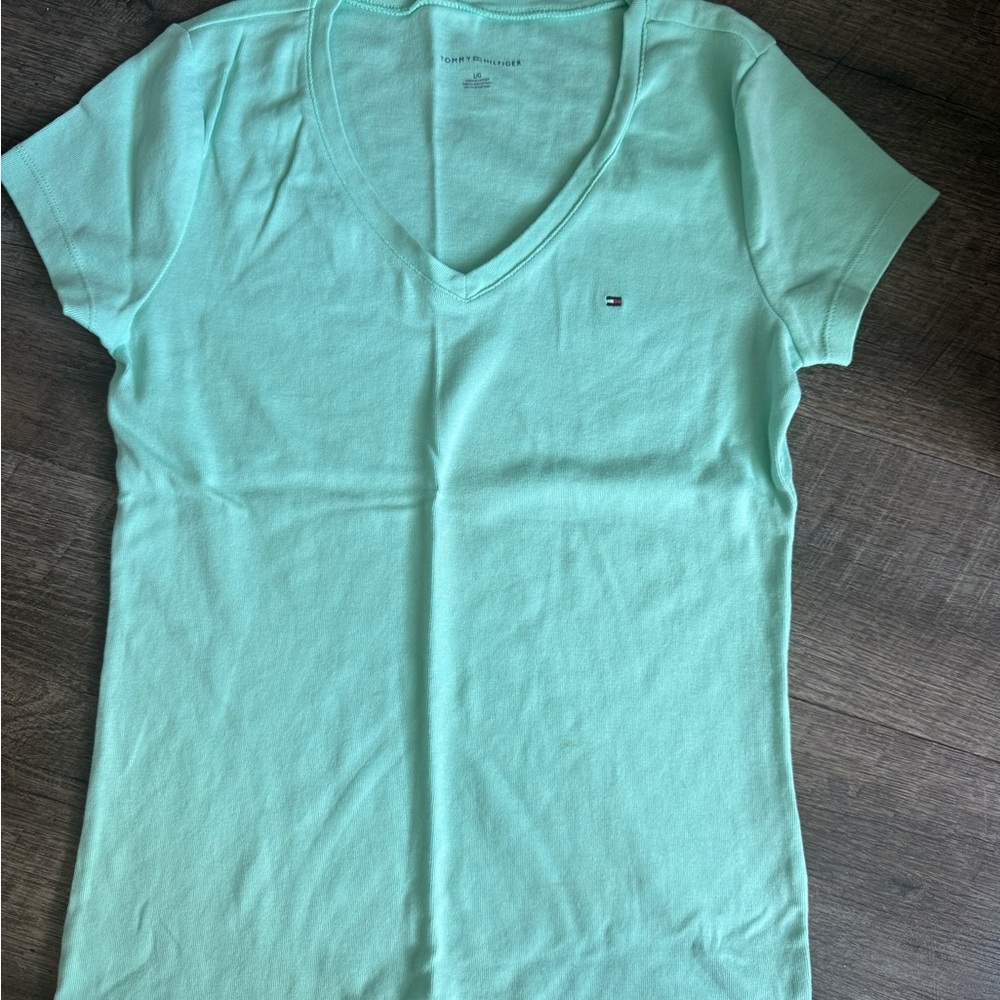 Tommy Hilfiger Women's Light Green V-Neck Tee